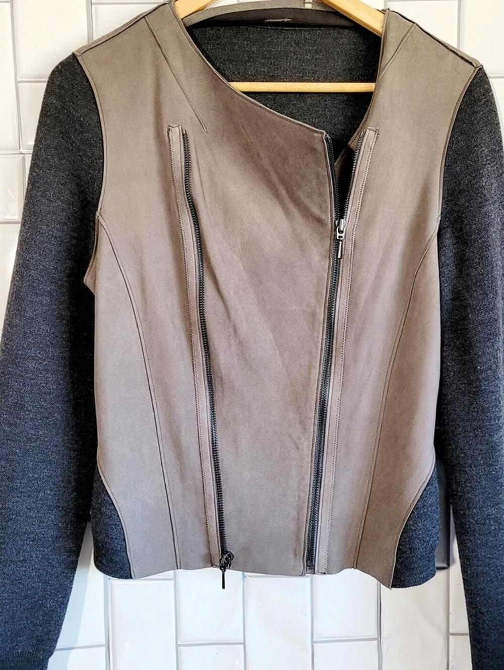 ELIE TAHARI Women’s Lamb Leather Merino Wool Sweater Jacket Taupe Gray Size M